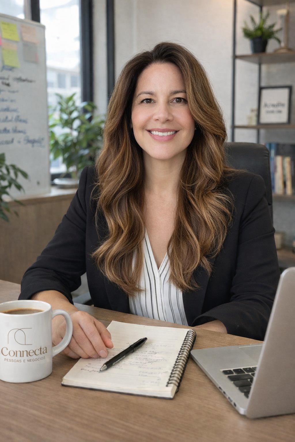 Fabiana Cintra em seu escritório com caderno de anotações e caneca da Connecta